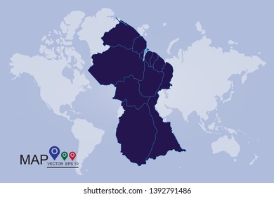 Map of Guyana - Blue Geometric Rumpled Triangular , Polygonal Design For Your . Vector illustration eps 10.High Detailed Blue Map of Guyana isolated on white background. - Vector