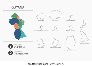 Mapa de Guyana con un mapa detallado del país. Mapa de elementos de ciudades, áreas totales y capital.