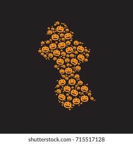 map of guyana filled with halloween pumpkin heads of different sizes on a black background