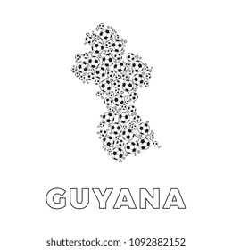 map of guyana filled with soccer balls of different sizes and name of country on white background