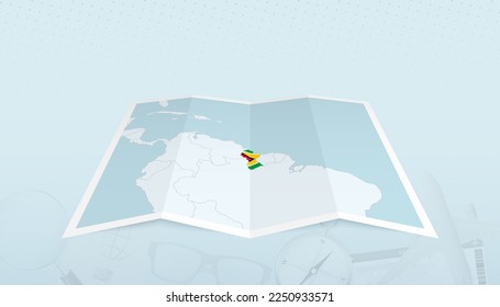 Karte von Guyana mit der Flagge von Guyana in der Kontur der Karte auf einem abstrakten Hintergrund Reise. Reisegrafik.