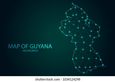 Map of Guyana - With glowing point and lines scales on The dark gradient background, 3D mesh polygonal network connections. Vector illustration eps10.