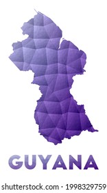 Map of Guyana. Low poly illustration of the country. Purple geometric design. Polygonal vector illustration.