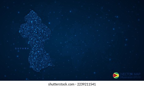 Map of Guyana modern design with polygonal shapes on dark blue background. Business wireframe mesh spheres from flying debris. Blue structure style vector illustration concept.