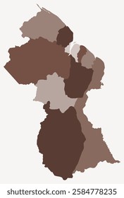 Map of Guyana with regions. Just a simple country border map with region division. Brown color palette. Blank Co-operative Republic of Guyana shape with administrative division. Vector illustration.