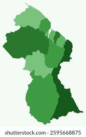 Map of Guyana with regions. Just a simple country border map with region division. Green color palette. Blank Co-operative Republic of Guyana shape with administrative division. Vector illustration.