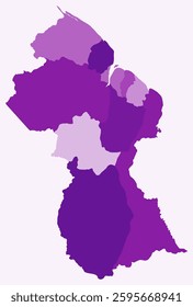 Map of Guyana with regions. Just a simple country border map with region division. Purple color palette. Plain Co-operative Republic of Guyana shape with administrative division. Vector illustration.