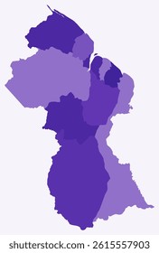 Map of Guyana with regions. A simple country border map with regional divisions in a deep purple color palette.