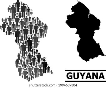 Map of Guyana for social agitprop. Vector population mosaic. Concept map of Guyana constructed of man items. Demographic concept in dark gray color tones.