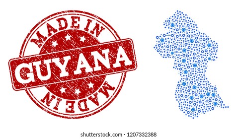Map of Guyana vector mosaic and Made In grunge stamp. Map of Guyana created with blue cog links. Made in red seal with grunge rubber texture. Vector abstract mosaic of map of Guyana with job symbols.