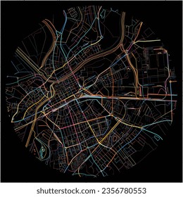 Map of Gyor, Győr-Moson-Sopron with all major and minor roads, railways and waterways. Colorful line art on black background.
