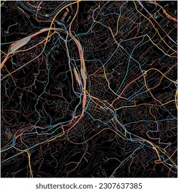 Map of Hagen, North Rhine-Westphalia with all major and minor roads, railways and waterways. Colorful line art on black background.