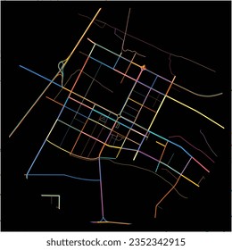 Map of Haicheng, Liaoning with all major and minor roads, railways and waterways. Colorful line art on black background.