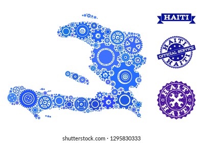 Map of Haiti composed with blue cog symbols, and isolated rubber stamps for official repair services. Vector abstract collage of map of Haiti with technical symbols in blue hues.