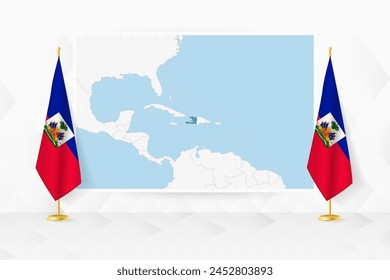 Map of Haiti and flags of Haiti on flag stand. Vector illustration for diplomacy meeting.