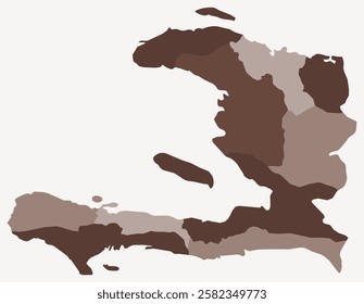 Map of Haiti with regions. Just a simple country border map with region division. Brown color palette. Plain Republic of Haiti shape with administrative division. Vector illustration.