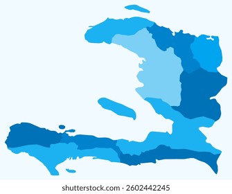 Map of Haiti with regions. Just a simple country border map with region division. Light blue color palette. Plain Republic of Haiti shape with administrative division. Vector illustration.