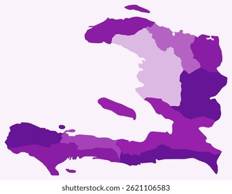 Mapa do Haiti com regiões. Apenas um simples mapa de fronteira de país com divisão de região. Paleta de cores roxas. Forma simples da República do Haiti com divisão administrativa. Ilustração vetorial.