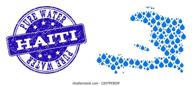 Map of Haiti vector mosaic and Pure Water grunge stamp. Map of Haiti created with blue liquid dews. Seal with grunge rubber texture for pure drinking water.
