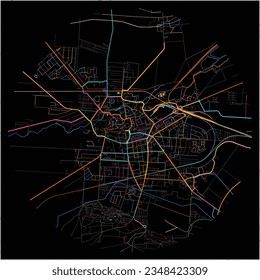 Map of Halberstadt, Saxony-Anhalt with all major and minor roads, railways and waterways. Colorful line art on black background.