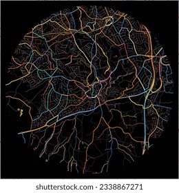 Map of Halesowen, West Midlands with all major and minor roads, railways and waterways. Colorful line art on black background.