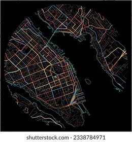 Map of Halifax, Nova Scotia with all major and minor roads, railways and waterways. Colorful line art on black background.