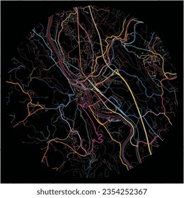 Map of Hallein, Salzburg with all major and minor roads, railways and waterways. Colorful line art on black background.