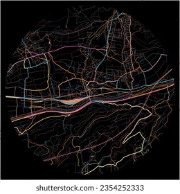 Map of HallinTirol, Tyrol with all major and minor roads, railways and waterways. Colorful line art on black background.