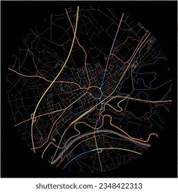 Map of HalternamSee, North Rhine-Westphalia with all major and minor roads, railways and waterways. Colorful line art on black background.