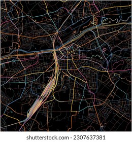 Map of Hamm, North Rhine-Westphalia with all major and minor roads, railways and waterways. Colorful line art on black background.