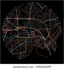 Map of Hampton, Virginia with all major and minor roads, railways and waterways. Colorful line art on black background.
