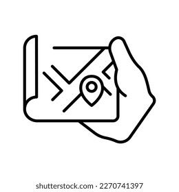 Map in hand with gps tracker line icon. Earth's magnetic field, cardinal points, tourism, swimming, travel, orienteering. Safety navigation. Vector line icon on white background