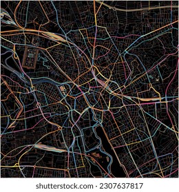 Map of Hannover, Lower Saxony with all major and minor roads, railways and waterways. Colorful line art on black background.