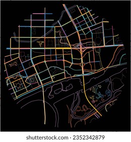 Mapa de Harbin, Heilongjiang con todas las carreteras principales y menores, ferrocarriles y vías fluviales. Coloridas líneas de arte sobre fondo negro.