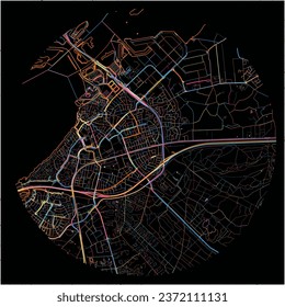 Map of Harderwijk, Gelderland with all major and minor roads, railways and waterways. Colorful line art on black background.