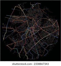 Map of Harrogate, Yorkshire and the Humber with all major and minor roads, railways and waterways. Colorful line art on black background.