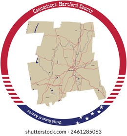 Map of Hartford County in Connecticut, USA arranged in a circle.