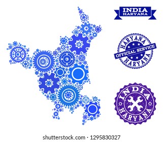 Map of Haryana State designed with blue cog items, and isolated rubber watermarks for official repair services. Vector abstract collage of map of Haryana State with repair symbols in blue color hues.