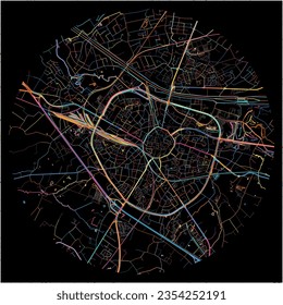 Map of Hasselt, Limburg with all major and minor roads, railways and waterways. Colorful line art on black background.