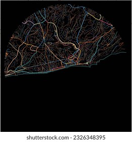 Map of Hastings, South East England with all major and minor roads, railways and waterways. Colorful line art on black background.