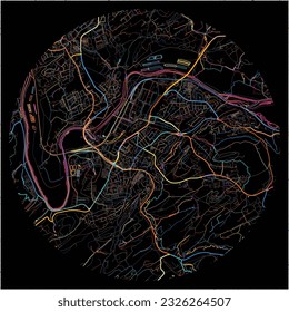 Map of Hattingen, North Rhine-Westphalia with all major and minor roads, railways and waterways. Colorful line art on black background.