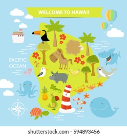 Map of Hawaii with animals. Poster for children. Welcome to Hawaii