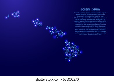 Map of Hawaii from polygonal blue lines and glowing stars vector illustration