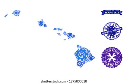 Map of Hawaii State formed with blue gear symbols, and isolated scratched seals for official repair services. Vector abstract collage of map of Hawaii State with mechanics symbols in blue hues.