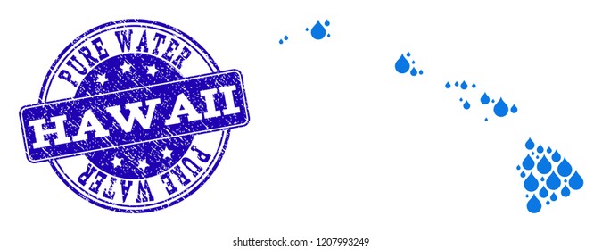Map of Hawaii State vector mosaic and Pure Water grunge stamp. Map of Hawaii State designed with blue aqua drops. Seal with corroded rubber texture for pure drinking water.