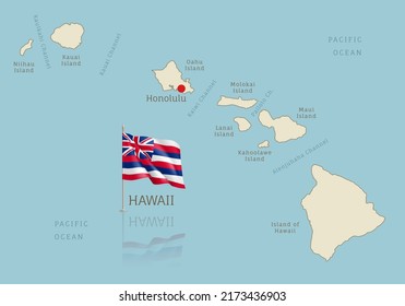 Karte des Bundesstaates Hawaii USA mit schwenkbarer Flagge. Hochdetaillierte hawaiianische Staatskarte mit Gebietsgrenzen und Honolulu Hauptstadt realistische Vektorgrafik