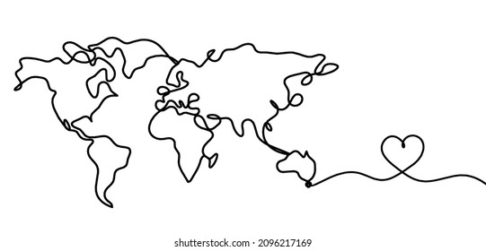 Mapa con el corazón como dibujo de líneas sobre fondo blanco. Vector