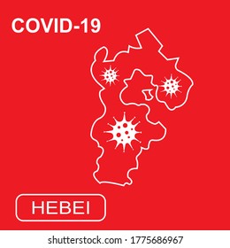 Map of Hebei with "COVID-19". White outline map on a red background. Vector illustration of a virus, coronavirus, epidemiology.