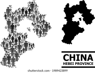 Map of Hebei Province for political applications. Vector demographics abstraction. Abstraction map of Hebei Province designed of person elements. Demographic scheme in dark gray color hues.