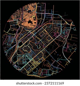 Map of Heerhugowaard, North Holland with all major and minor roads, railways and waterways. Colorful line art on black background.